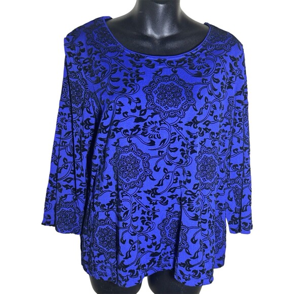 Chico’s Sz 1 Blue With Black Velvet Floral Top - Picture 1 of 6
